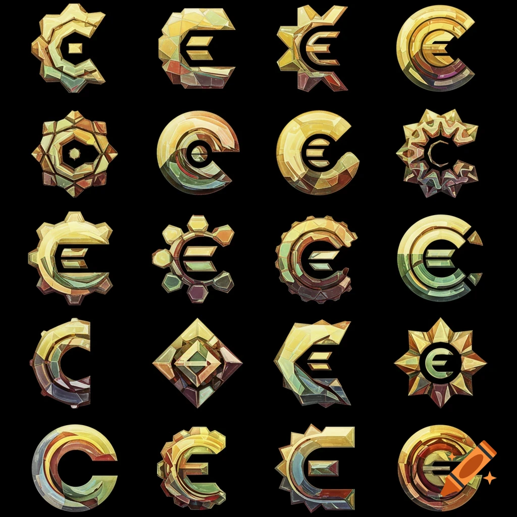 Sixteen golden, geometric abstract symbols resembling letters and gears on a black background.