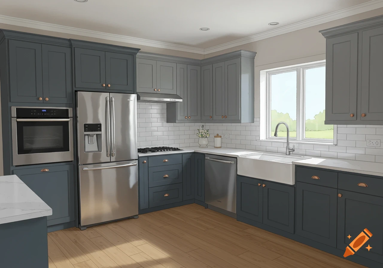 A photorealistic U-shaped kitchen with dark gray-blue lower and light gray-blue upper cabinets, stainless steel appliances, a white farmhouse sink, and oak flooring.