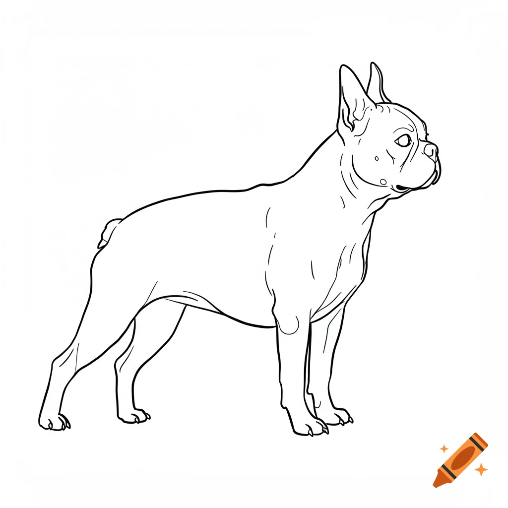 A black and white outline drawing of a Boston Terrier dog standing.