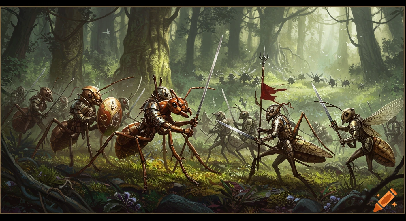 Armored ants and cricket-like insects battle in a detailed fantasy forest scene, Warhammer style.