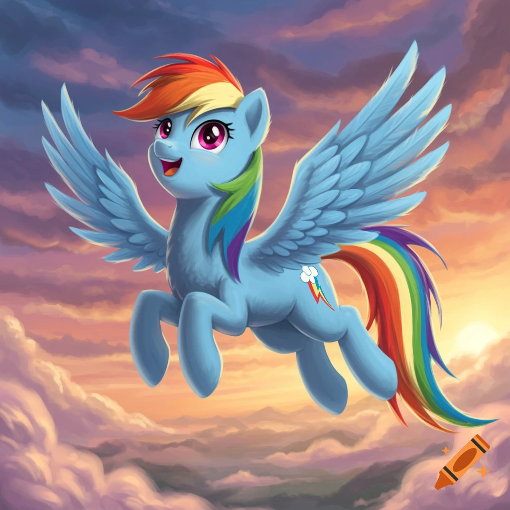 Rainbow Dash, a blue pegasus pony with a rainbow mane and tail, flies through a cloudy sky at sunset.