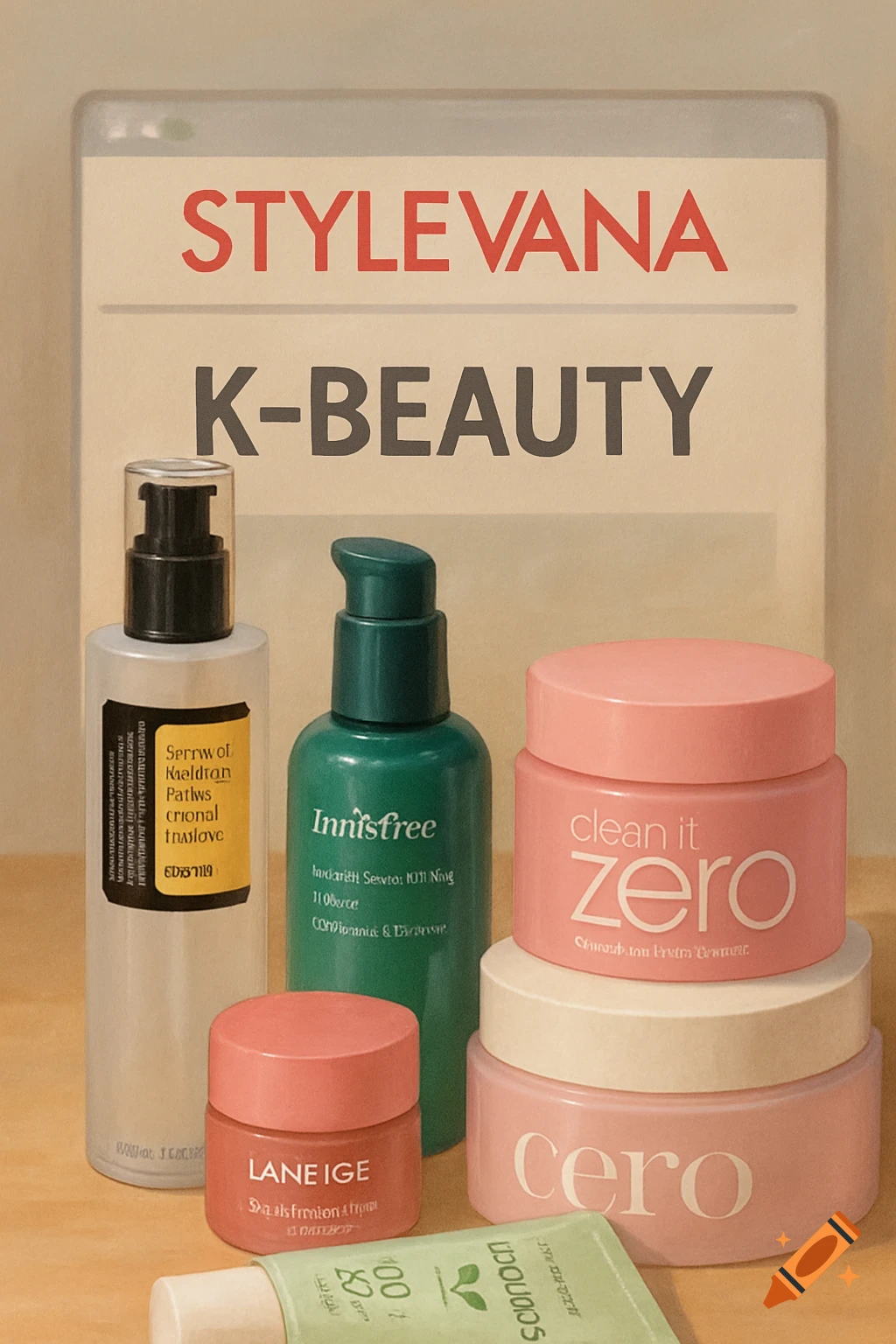 A flat lay style image featuring various K-beauty skincare products in bottles and jars, with text reading 'STYLEVANA K-BEAUTY' in the background.