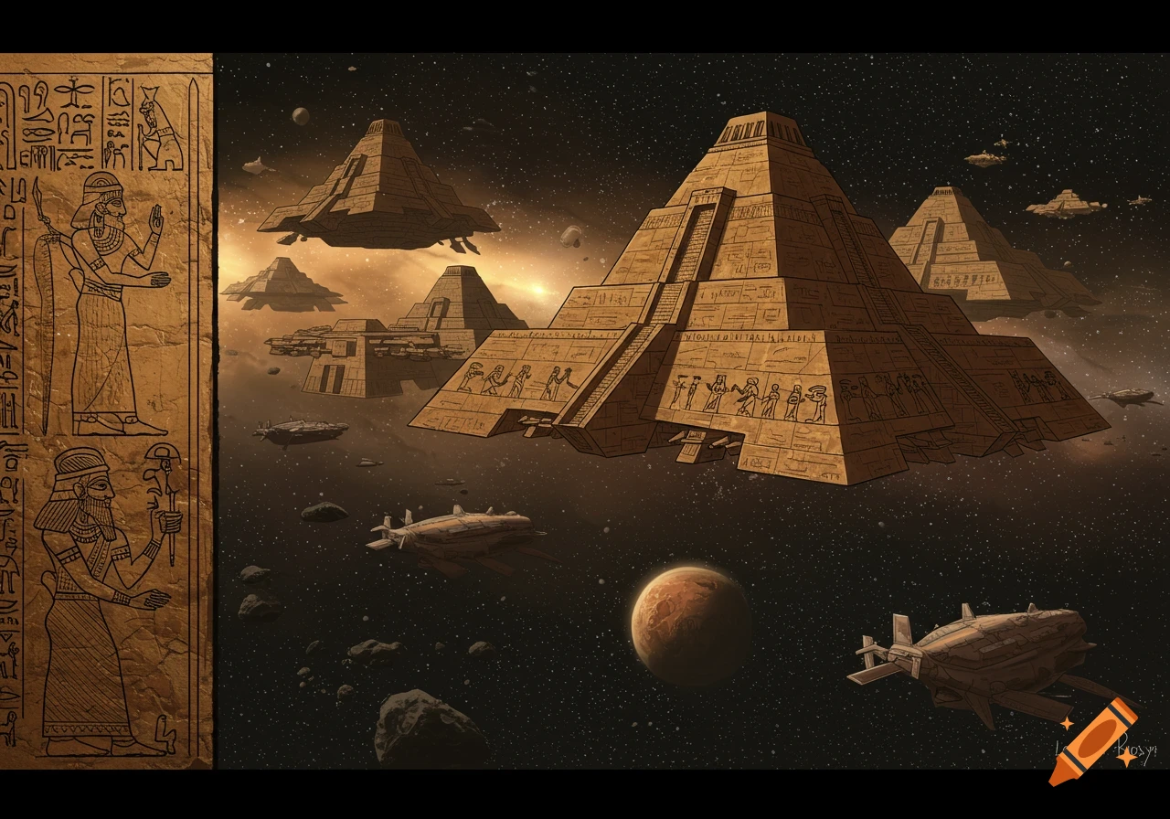 Ancient pyramid-like spaceships with hieroglyphs float in space with smaller spacecraft, asteroids, and a planet, beside a stone tablet with ancient figures and symbols.