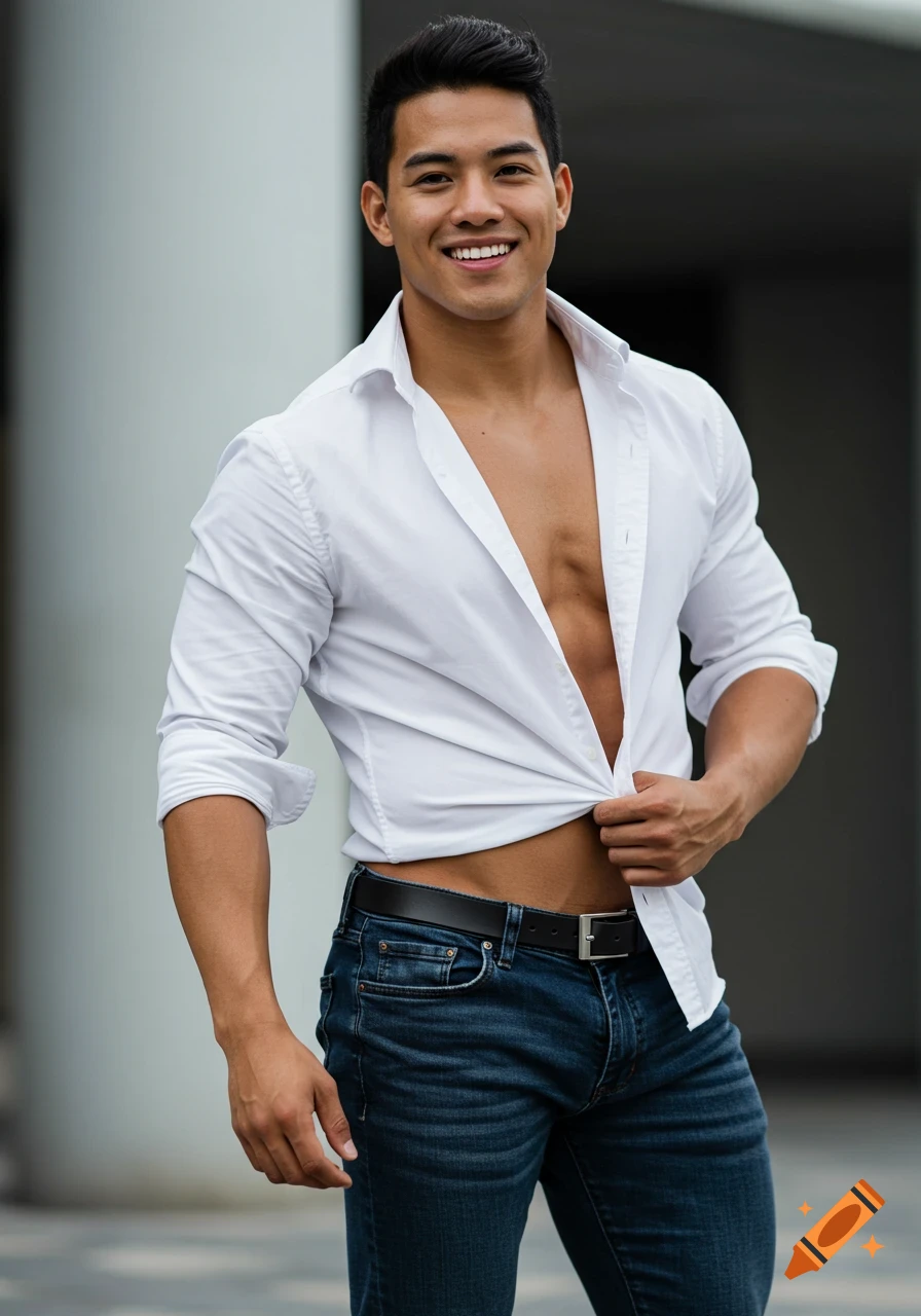 A smiling, handsome young man in a white unbuttoned shirt and jeans, pulling up his shirt to reveal his muscular torso, outdoors. Photorealistic.