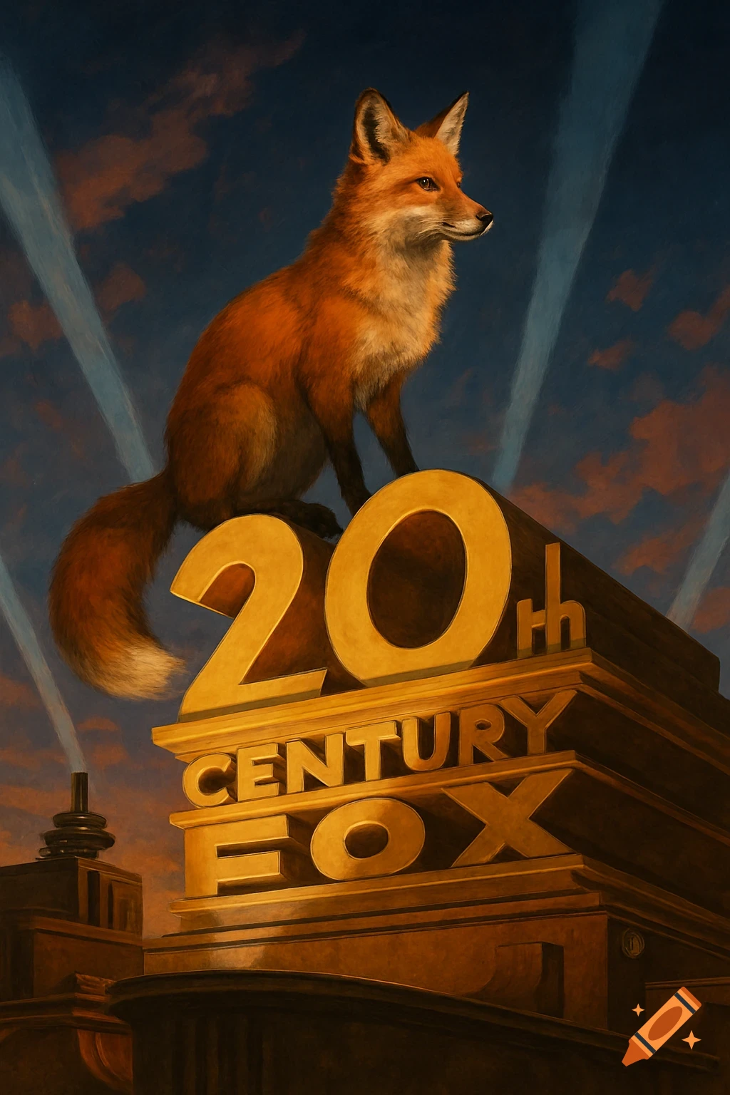 A realistic fox sits on the golden 20th Century Fox logo with searchlights in a sunset sky, painted.