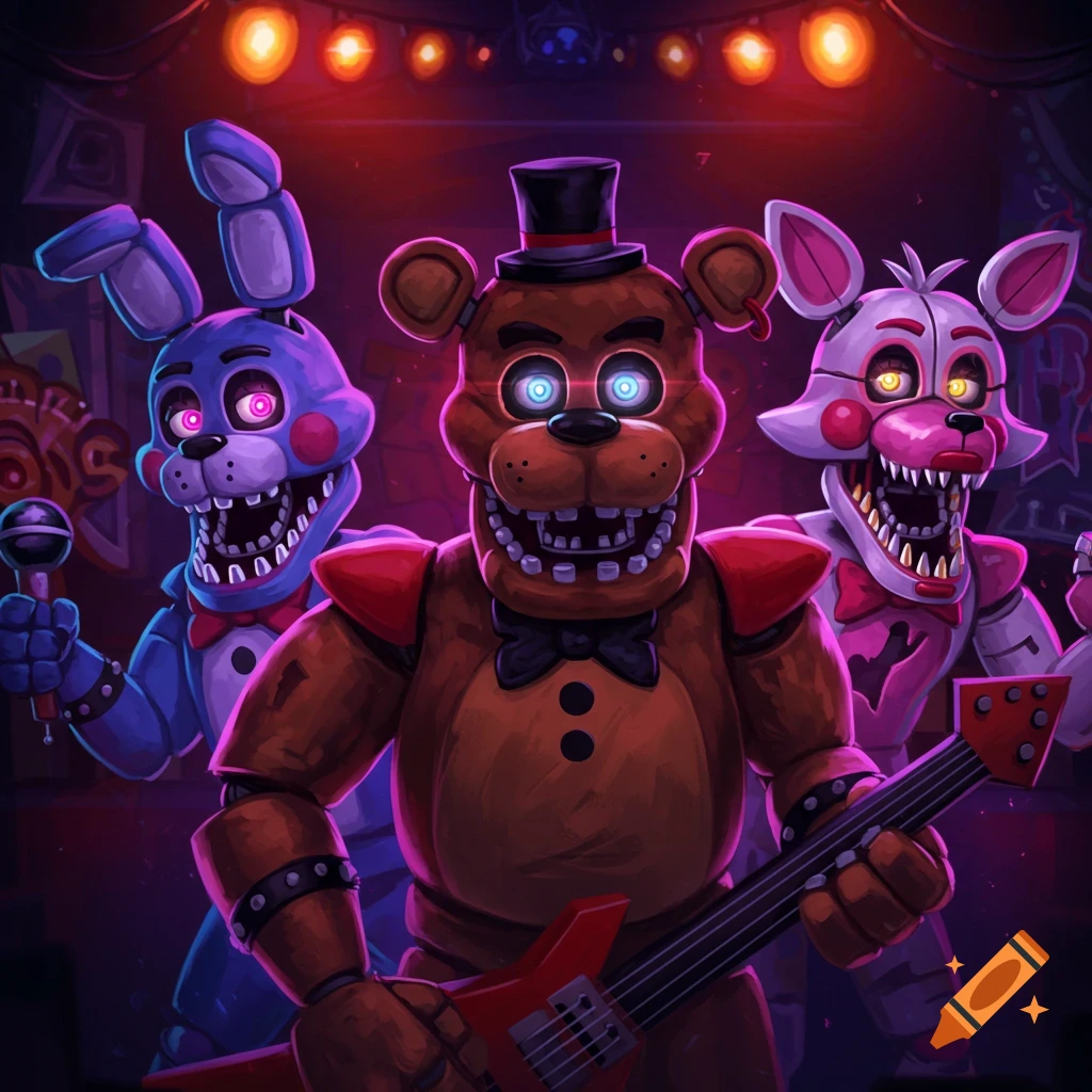 Vibrant illustration of Freddy Fazbear, Bonnie, and Mangle from Five Nights at Freddy's on a dark stage, glowing eyes, holding instruments.
