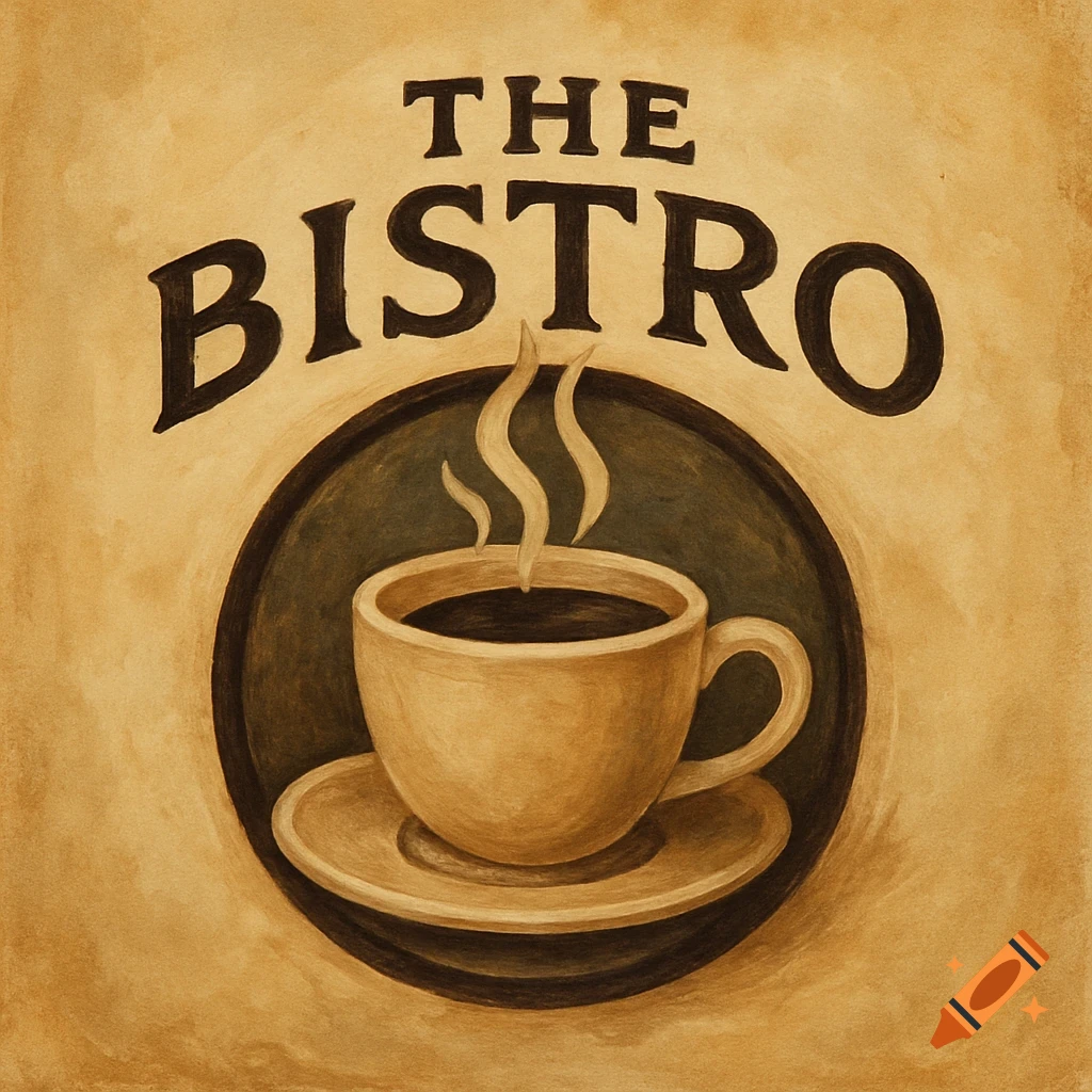 A vintage-style logo for 'The Bistro' cafe, featuring a steamy coffee cup and saucer in earthy tones.