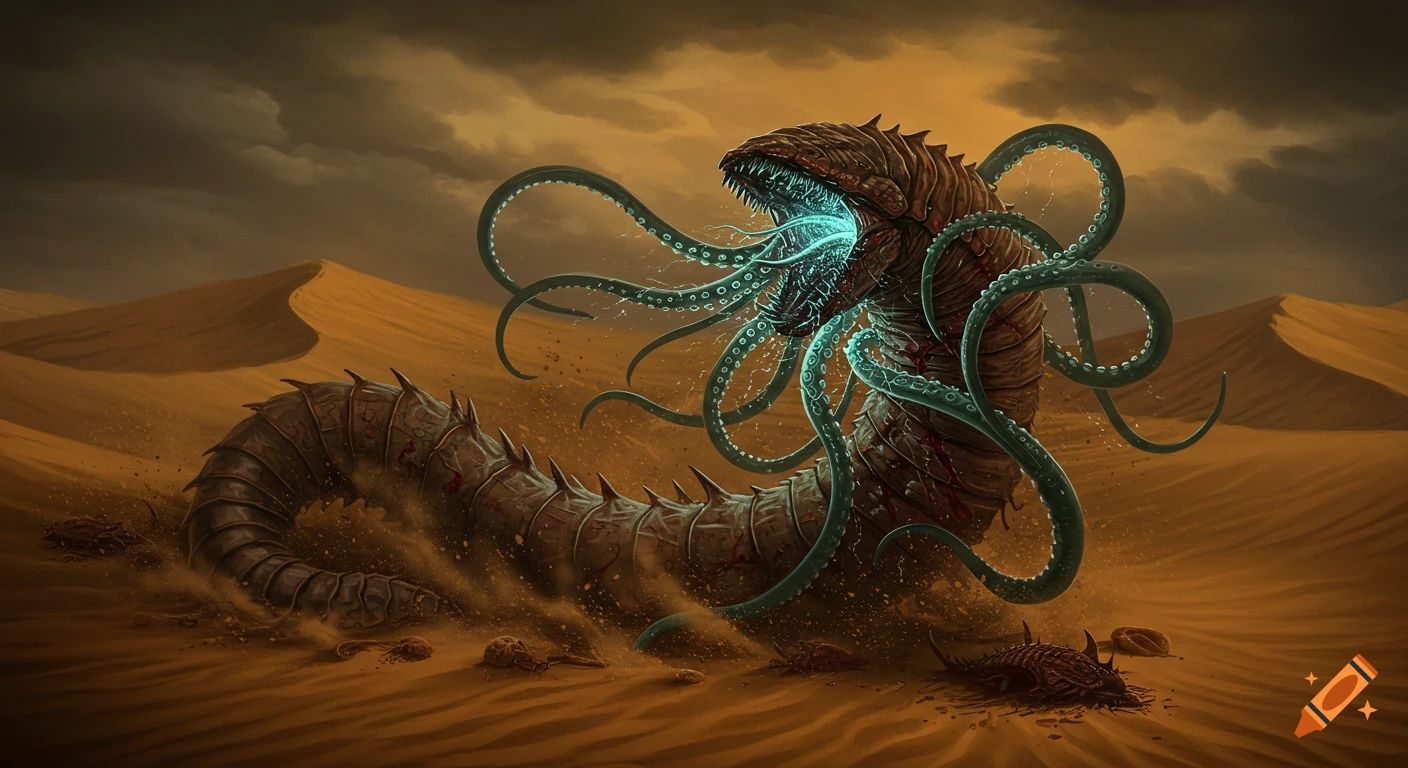 A monstrous segmented desert worm with glowing blue tentacles erupts from the sand dunes under a cloudy sky in a dynamic illustration.