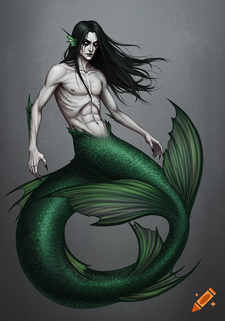 A very skinny merman with pale skin, long black hair, black eyes, and a long dark green scale tail poses.