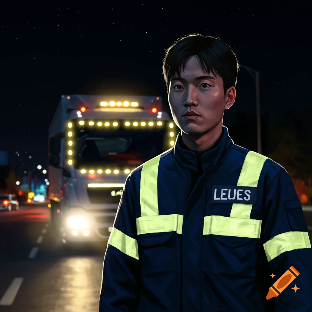 A man in a dark blue and yellow reflective uniform stands in front of a brightly lit semi-truck at night on a road.