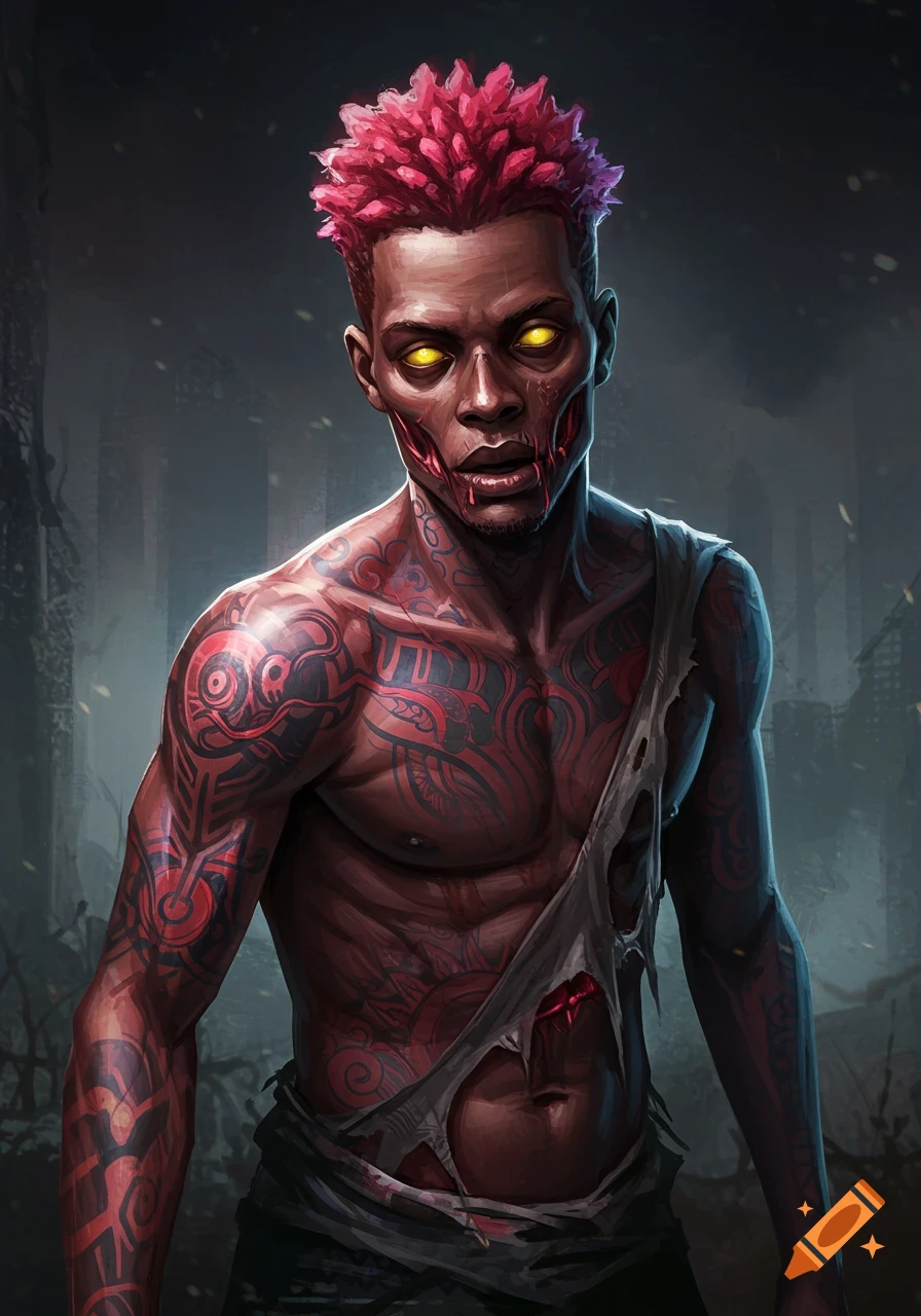 A stylized digital art illustration of a zombie man with pink spiky hair, glowing yellow eyes, and red tribal tattoos on his body.