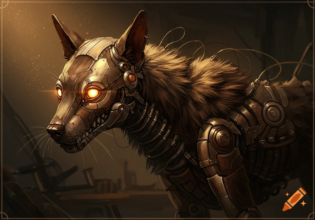 A detailed steampunk robotic dog-cat hybrid creature with glowing orange eyes, metallic components, and fur.