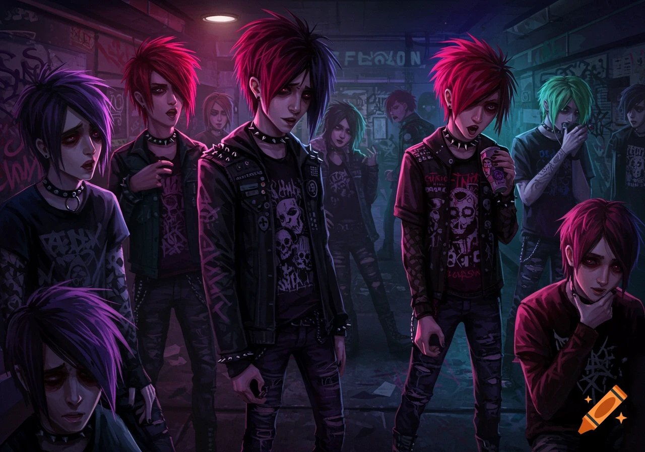 A group of emo and gothic young adults with colorful spiked hair and dark clothing stand in a dimly lit, graffiti-covered urban alley.