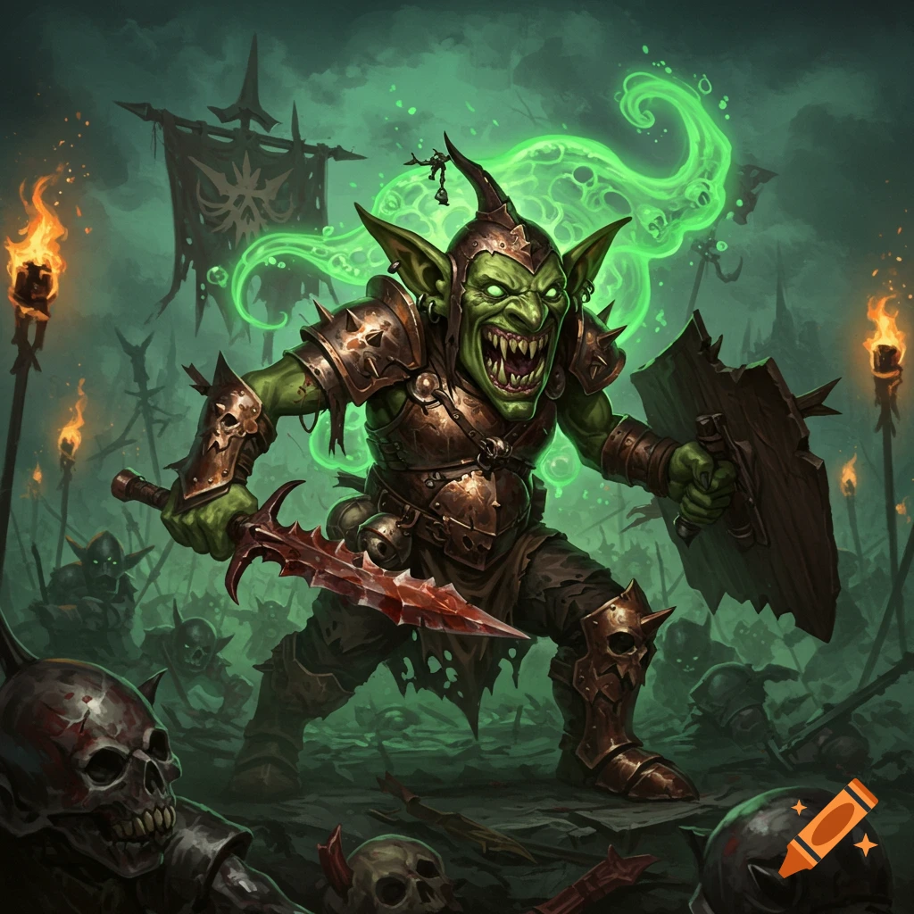 A fearsome green goblin warrior in spiked armor wields a bloody sword and shield amidst a dark, smoky battlefield with skulls.