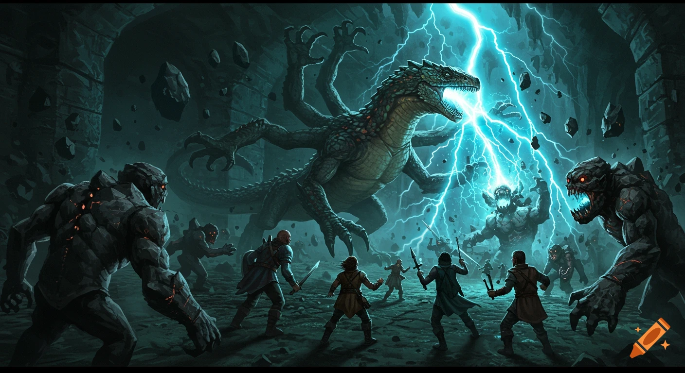 Adventurers battle a large, multi-limbed lizard monster striking with lightning and numerous rock monsters in a dark cavern, in a fantasy art style.