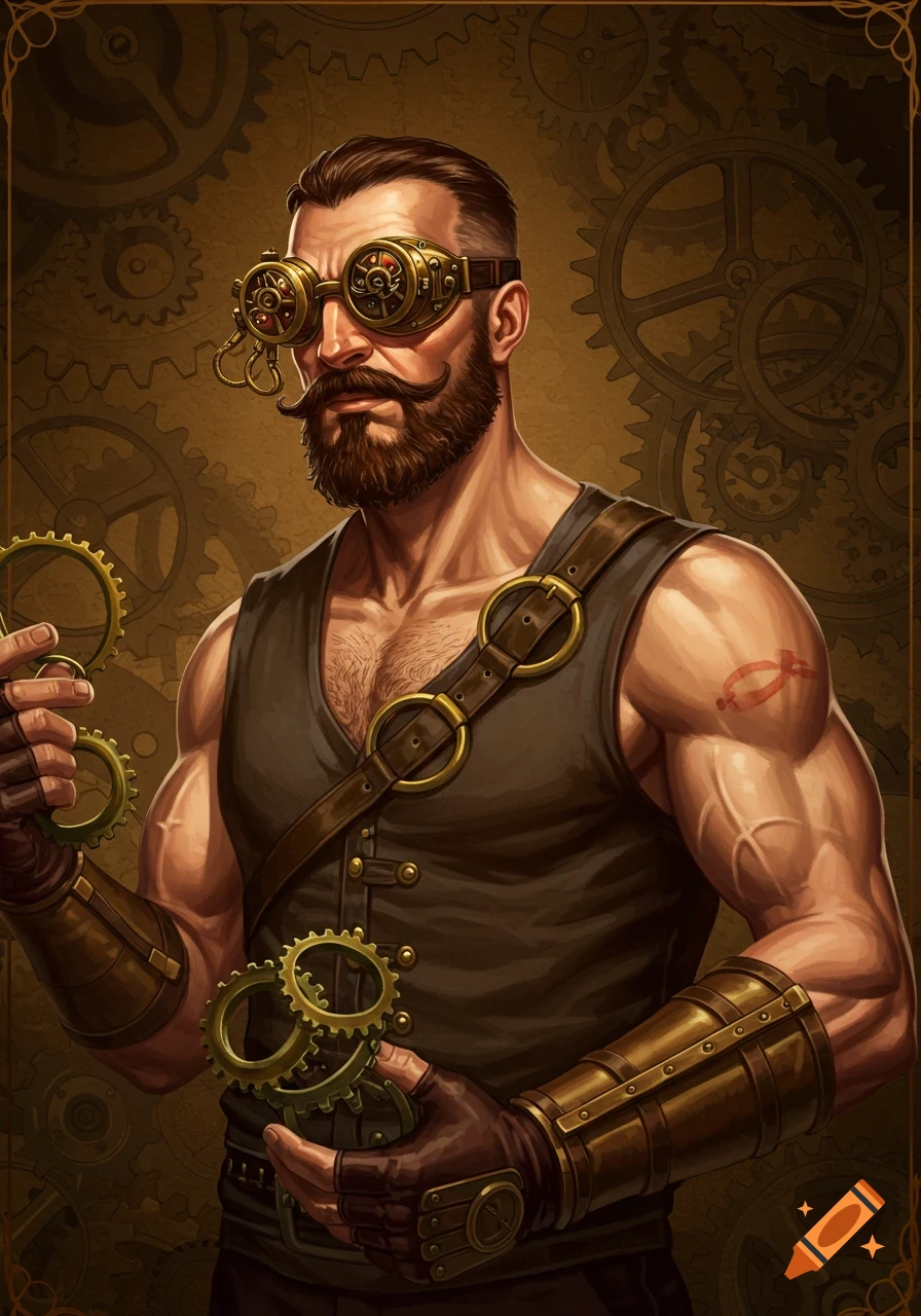 A muscular man with a beard and mustache wears steampunk goggles and a vest, holding gears. Background of gears.