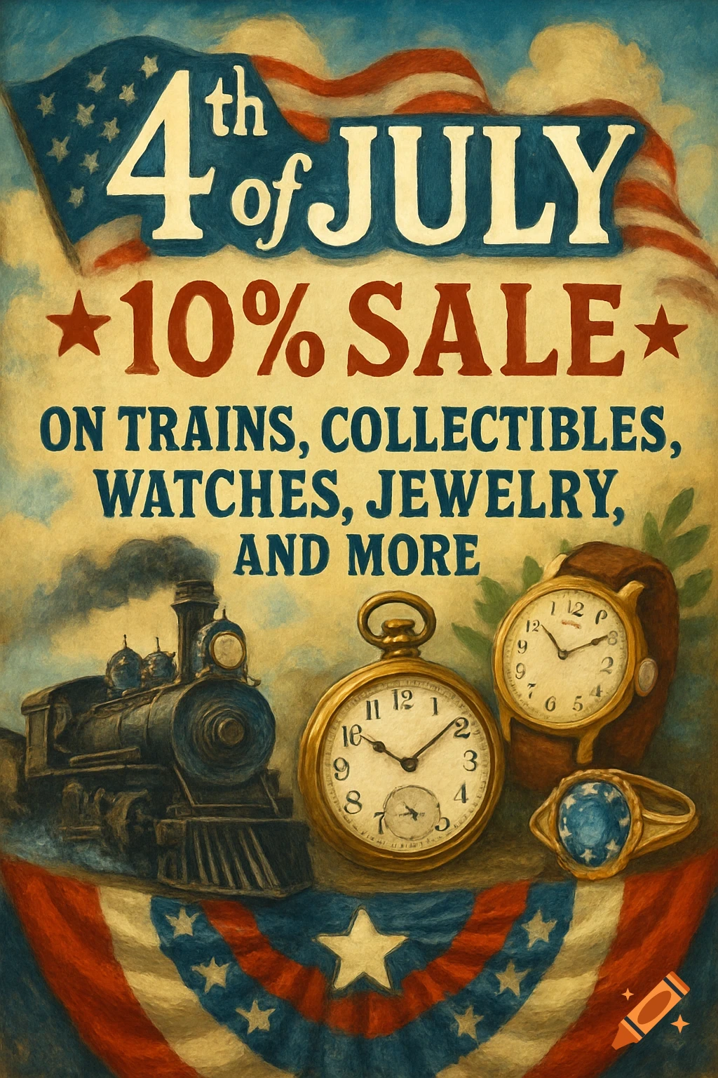 Vintage 4th of July sale poster featuring an American flag, train, watches, and jewelry, advertising a '10% Sale'.