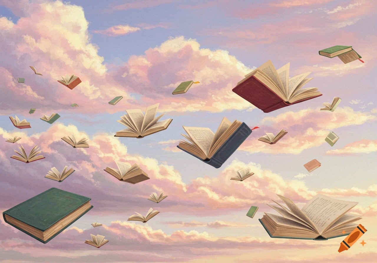 Many open and closed books fly through a pastel-colored, cloudy sky in a whimsical style.
