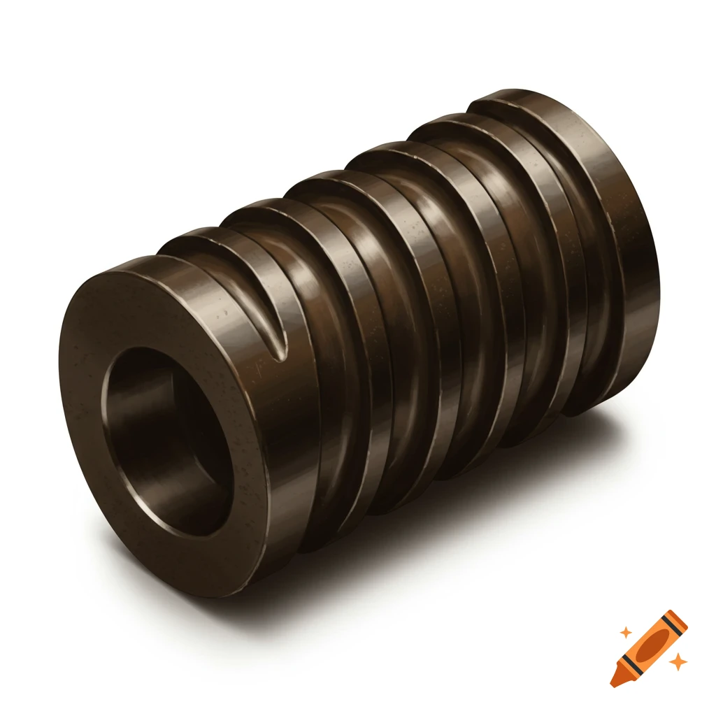 A dark, metallic cylindrical object with spiral grooves and a hollow center, against a white background.
