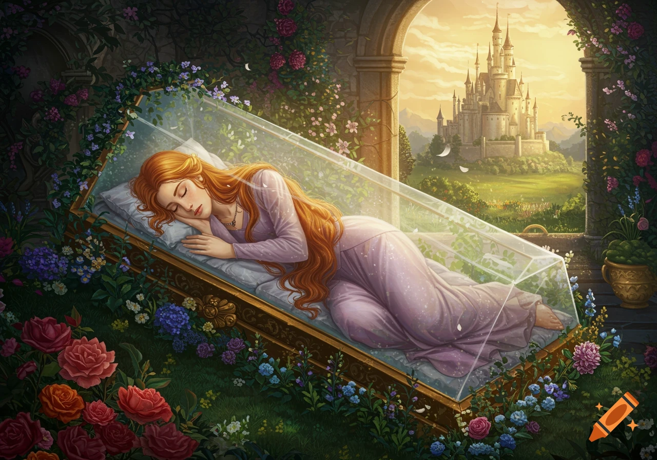 A sleeping woman with long red hair in a glass coffin amidst flowers, with a castle in the background, fairytale illustration.