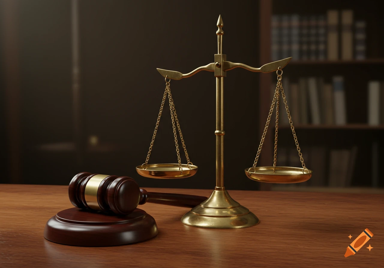 A photorealistic image of a golden scale of justice and a wooden gavel resting on a polished wooden table, with blurred bookshelves in the background.