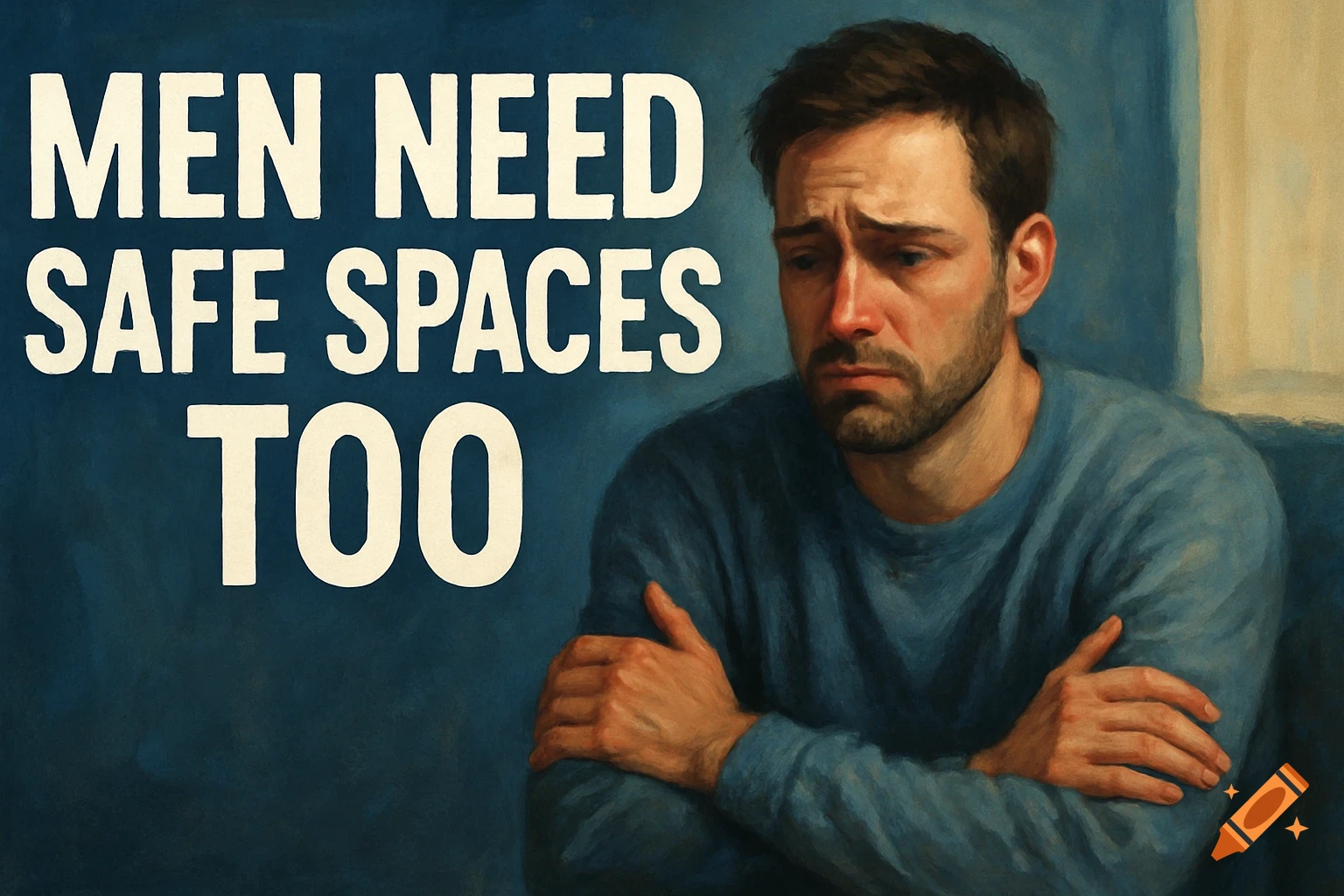 A painting of a sad man with the text 'MEN NEED SAFE SPACES TOO' on a blue background.