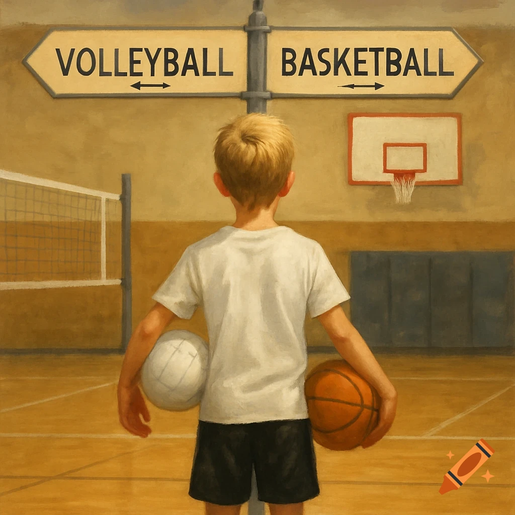 A boy stands in a gymnasium, holding a volleyball and a basketball. A signpost above him points to 'VOLLEYBALL' and 'BASKETBALL'.