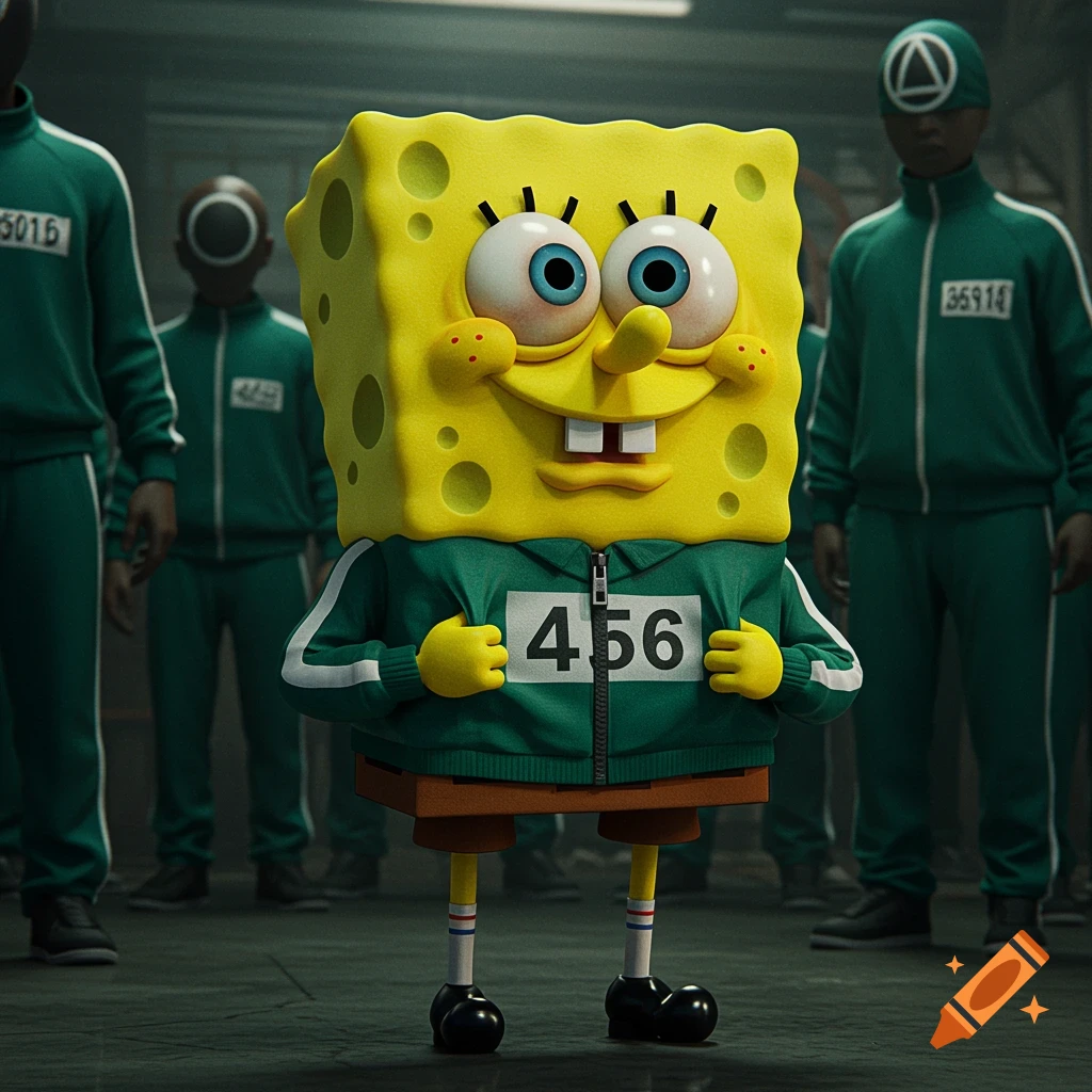 Spongebob Squarepants dressed as Player 456 from Squid Game, standing among other players in green tracksuits in a dark setting.