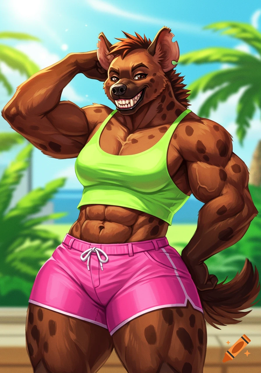 A muscular anthropomorphic hyena in a bright green crop top and pink shorts, flexing her arm outdoors.
