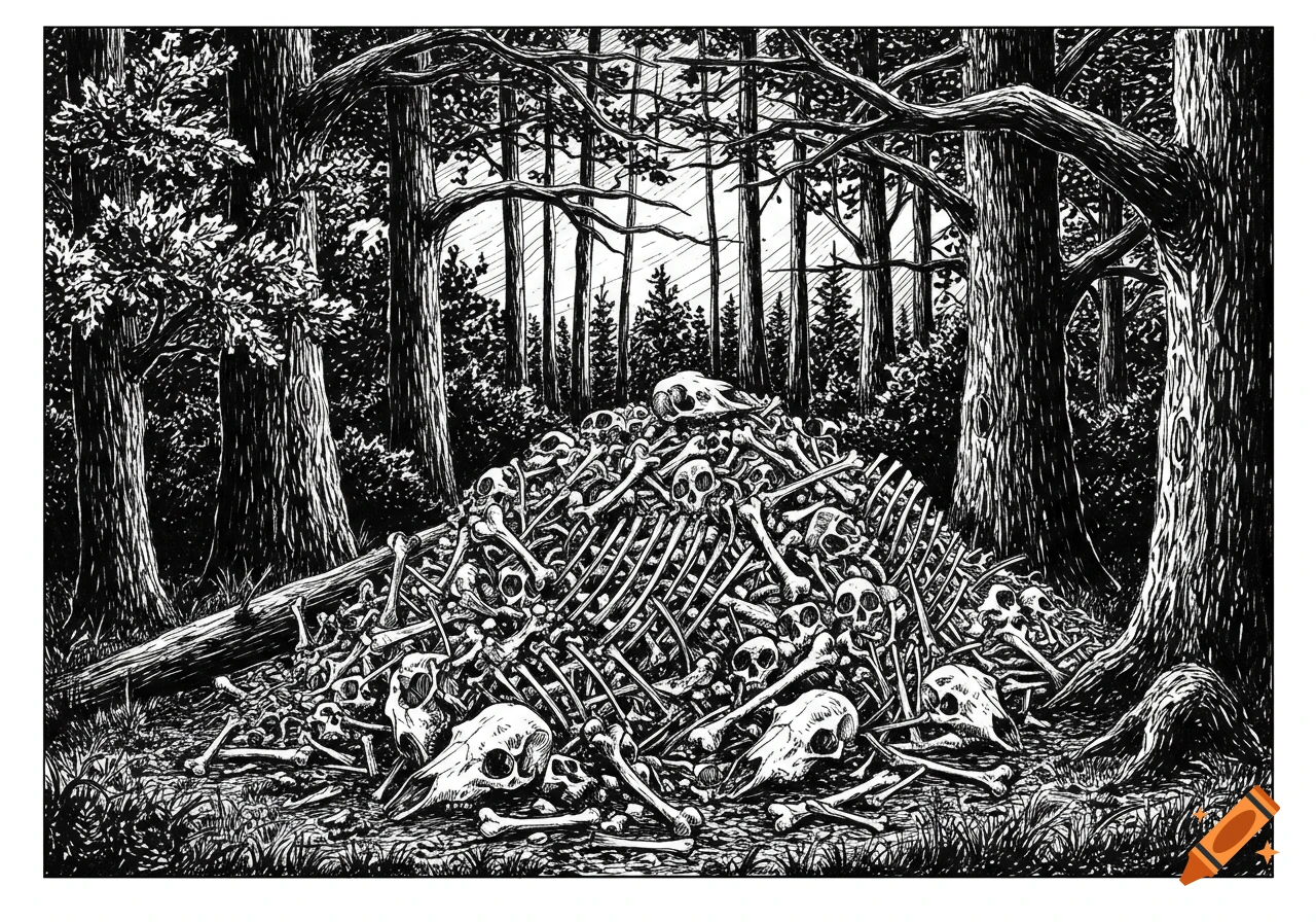 A chilling black ink sketch depicts a large pile of bones and skulls nestled amidst a dense forest of oak and pine trees.