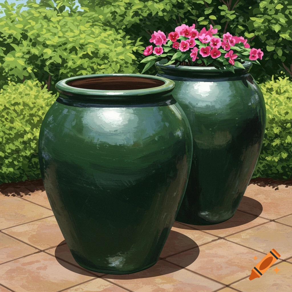 Two dark green patio pots on a tiled surface, one filled with vibrant pink flowers, in a lush garden setting.