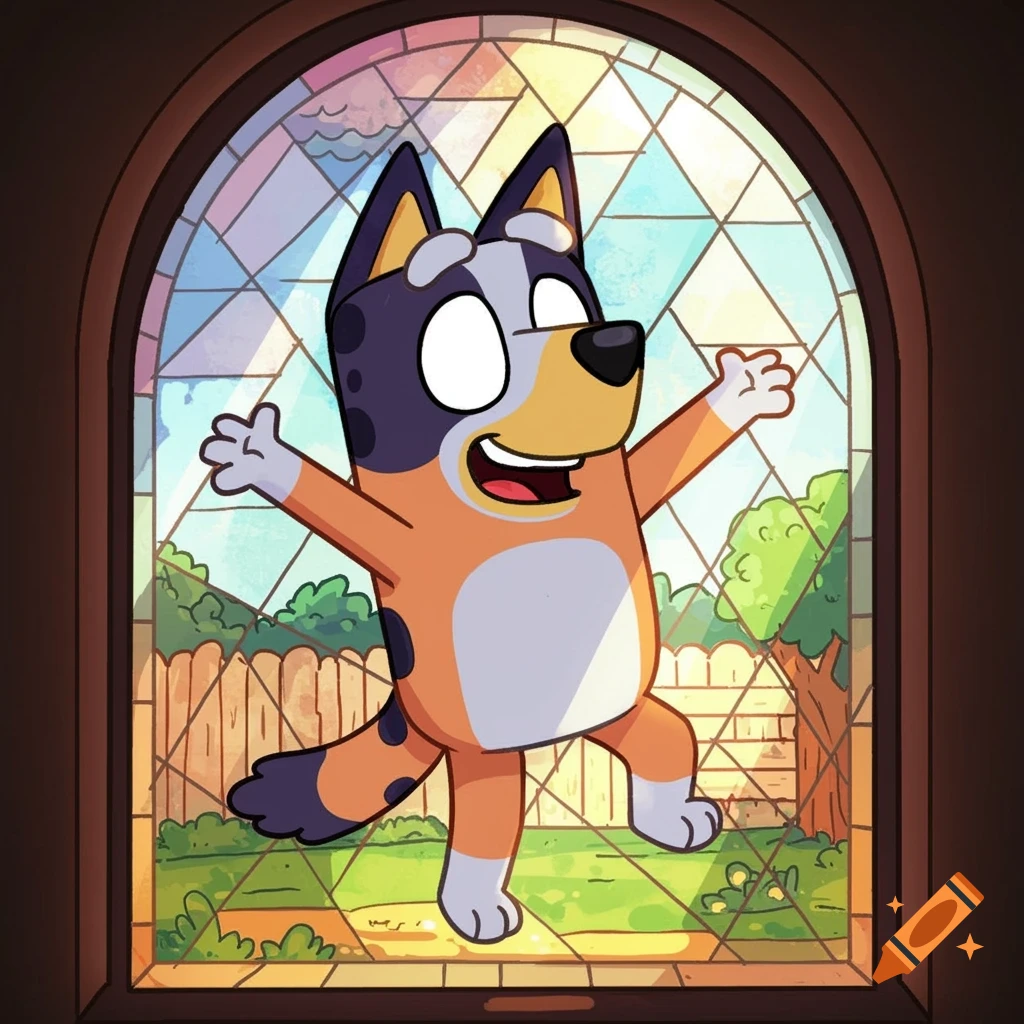 A cartoon dog resembling Bandit Heeler stands with arms outstretched in a vibrant stained glass window.
