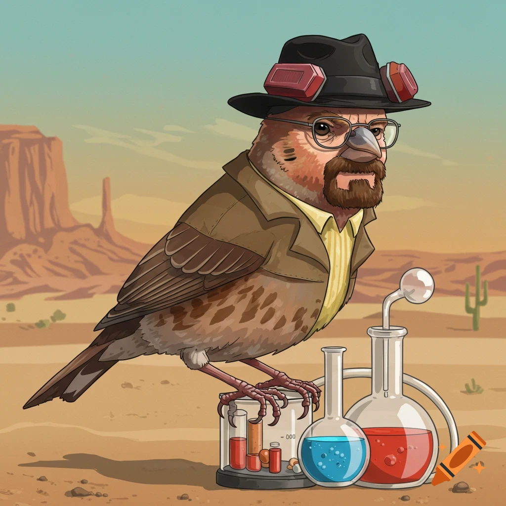 Cartoon illustration of a house finch dressed as Heisenberg from Breaking Bad, standing in a desert with chemistry beakers.