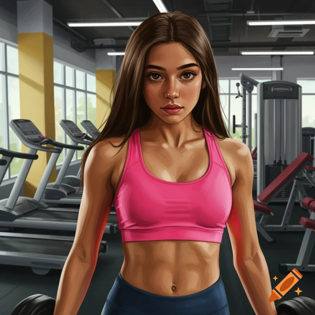 Illustrative portrait of a young woman in a pink sports bra and blue leggings standing in a gym.