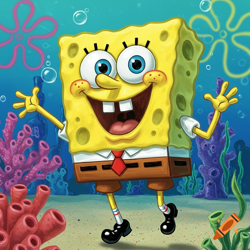 SpongeBob SquarePants smiles happily underwater amidst colorful coral and bubbles in a vibrant cartoon style.
