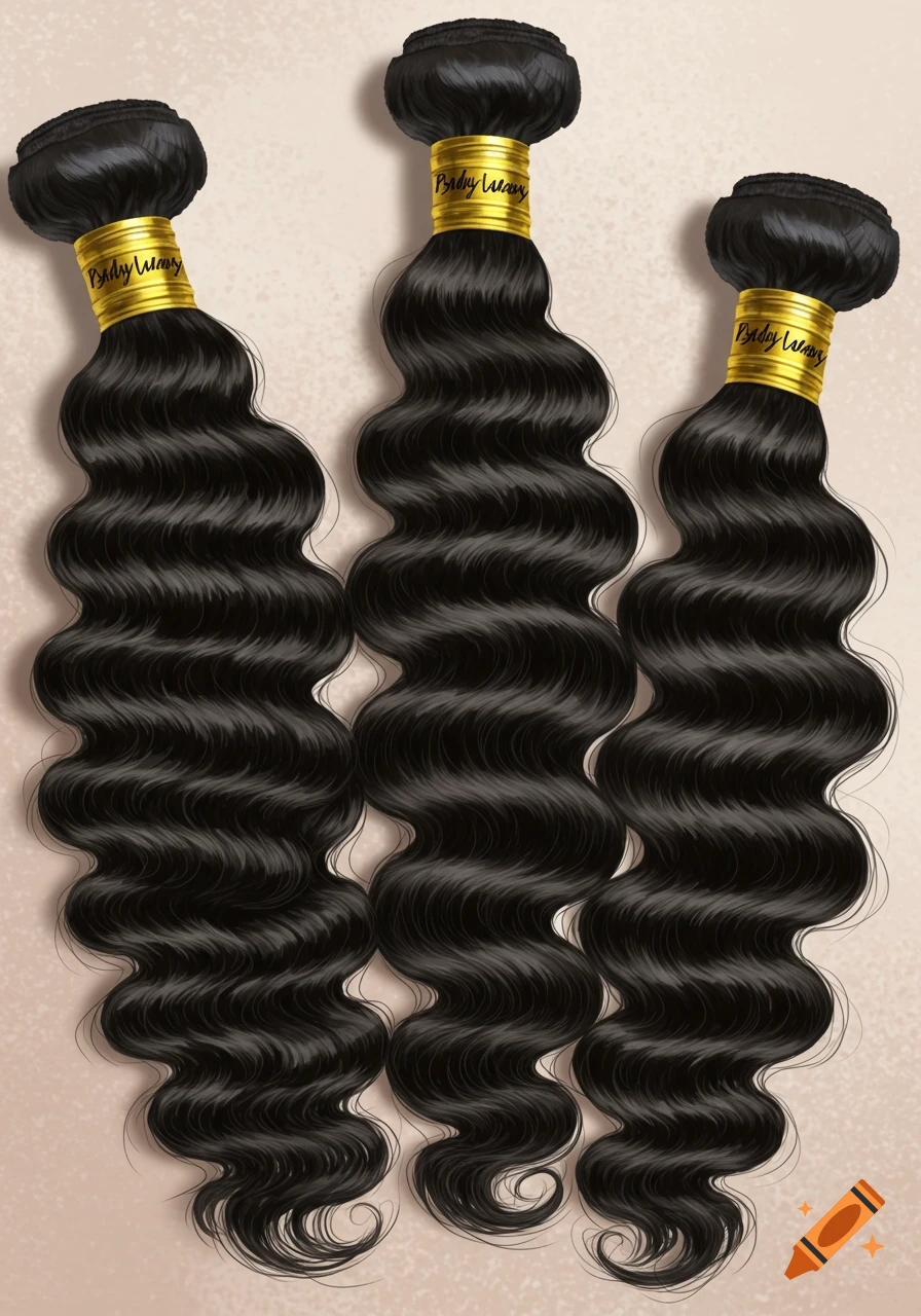 Three wavy black hair bundles tied with gold bands.