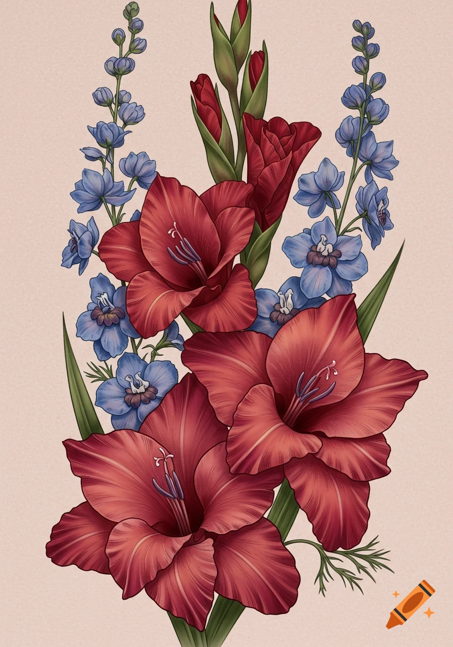 A fine line colored illustration of red gladiolus flowers and blue larkspur flowers with green leaves on a light background.