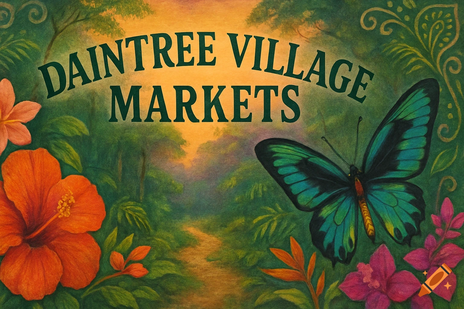 Hand-painted sign with 'DAINTREE VILLAGE MARKETS' text, set against a rainforest background with tropical flowers and a blue-green butterfly.