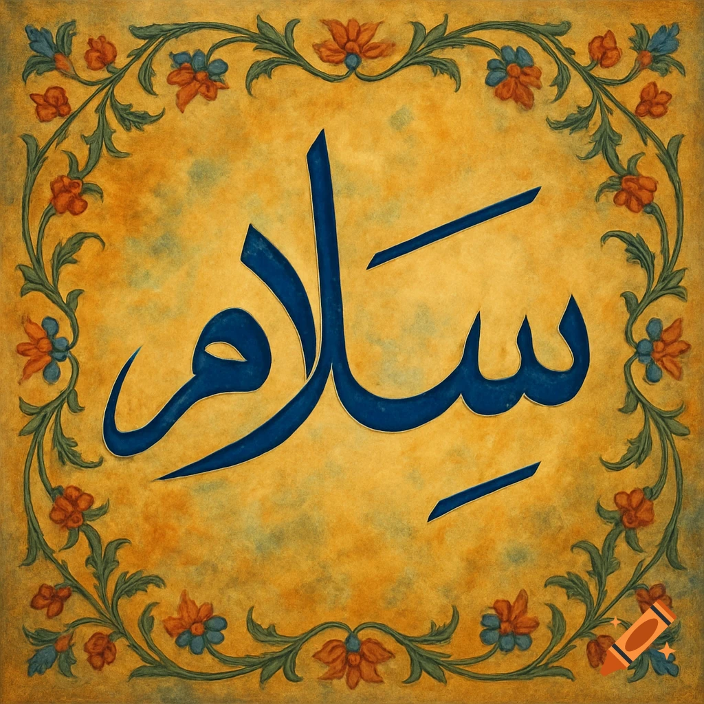 Blue Arabic calligraphy for 'Salam' on a textured gold background, framed by ornate green and orange floral borders.