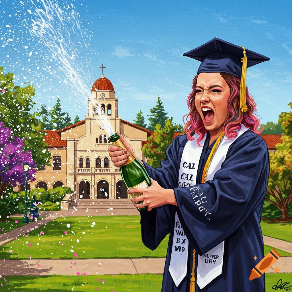 A jubilant graduate with pink hair in a cap and gown pops a bottle of champagne, spraying liquid into the air in front of a campus building. The image is a colorful illustration.