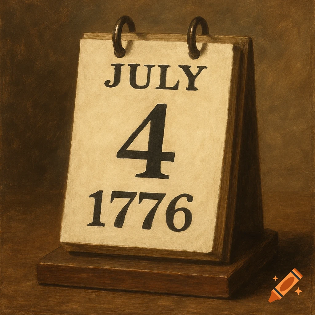 An antique-style desk calendar showing July 4, 1776, depicted in a painterly style.