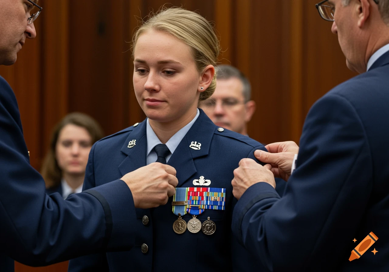 Young blonde woman in an Air Force uniform looking crestfallen while male officers adjust her uniform and medals during a formal ceremony.