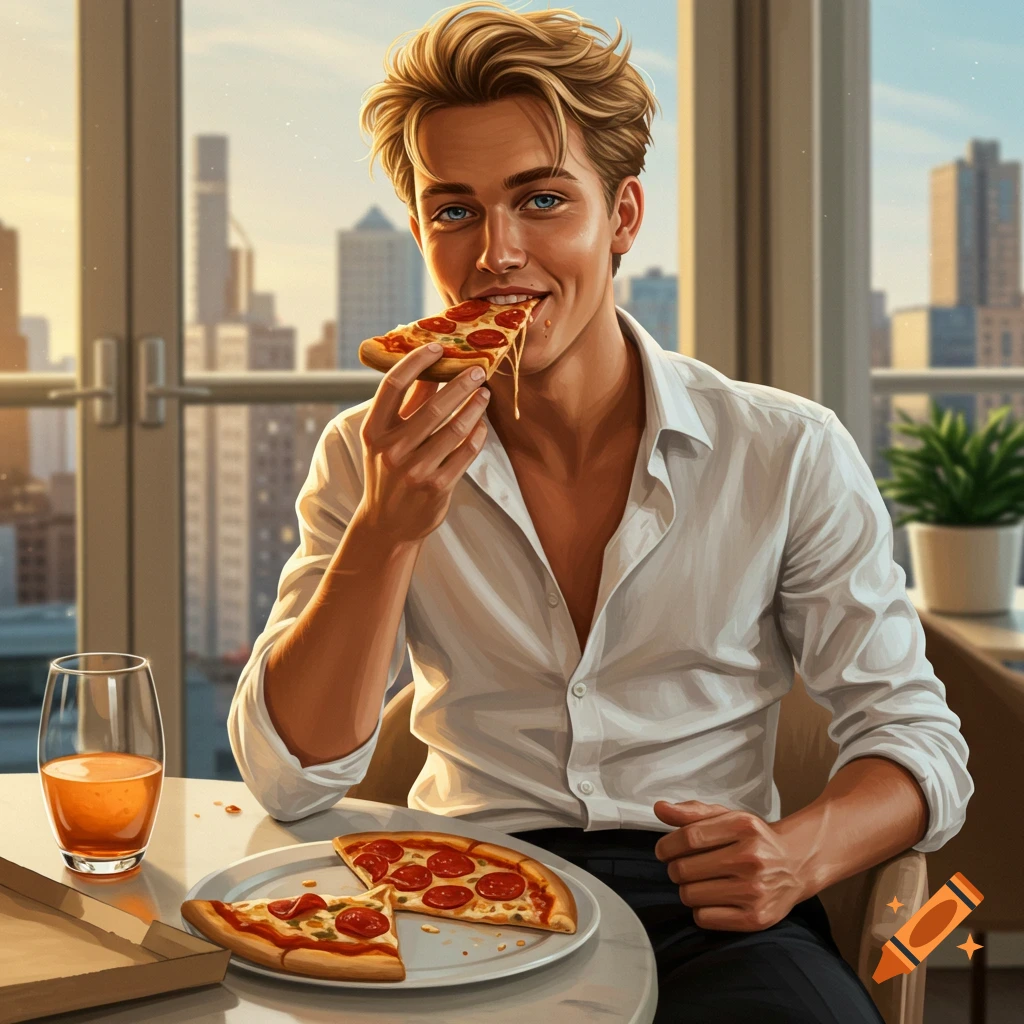 A smiling young man with blonde hair eats a slice of pizza at a table, with a city skyline visible through a window in the background.