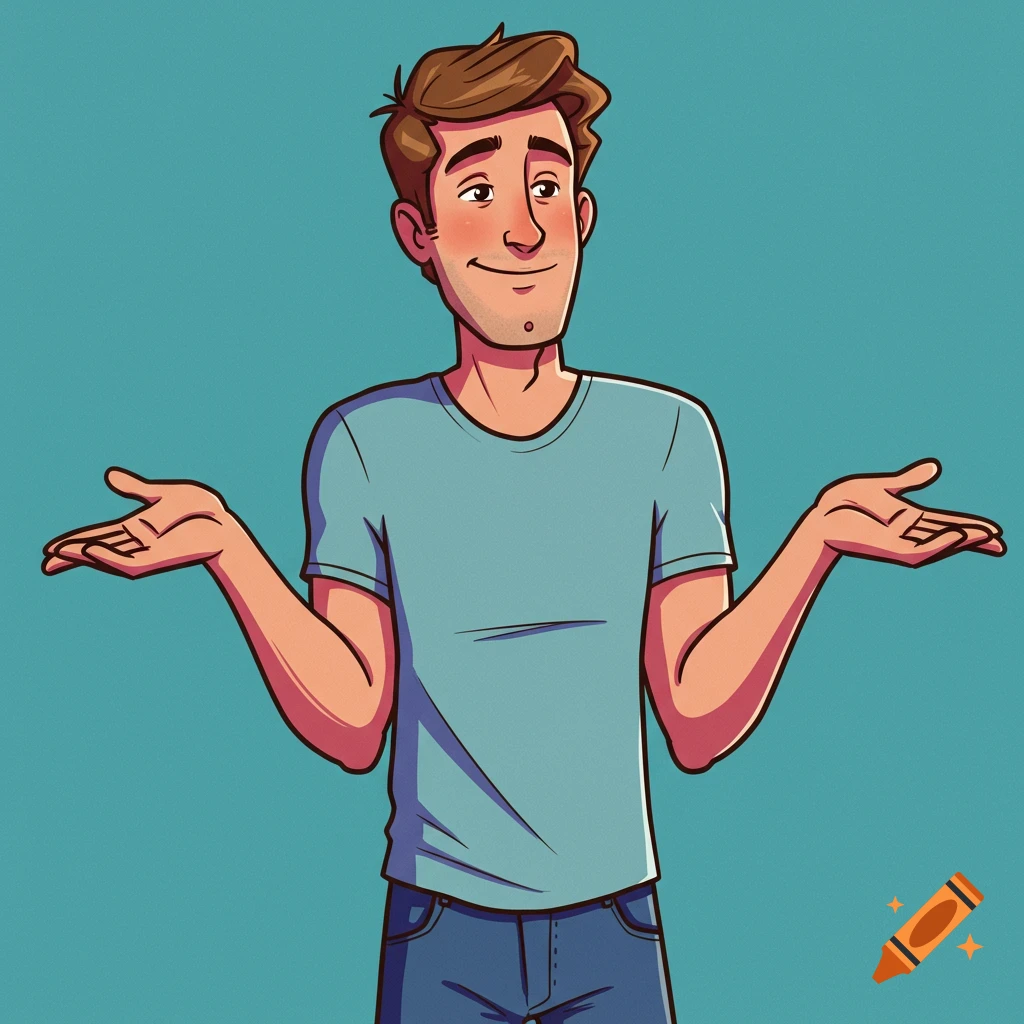 A cartoon man in a blue t-shirt shrugs with open palms against a teal background.