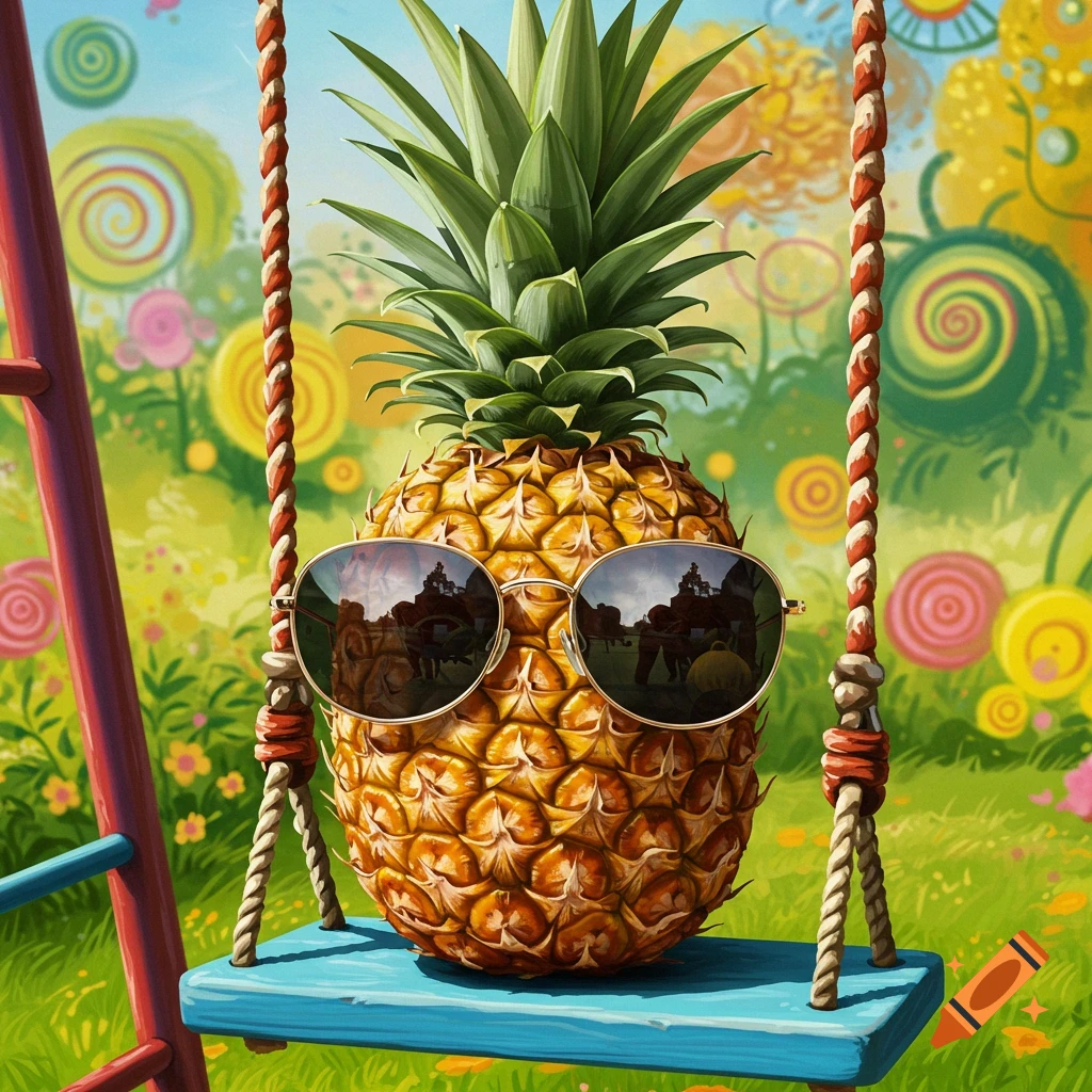 A whimsical illustration of a pineapple wearing sunglasses on a blue swing set in a vibrant, colorful garden.