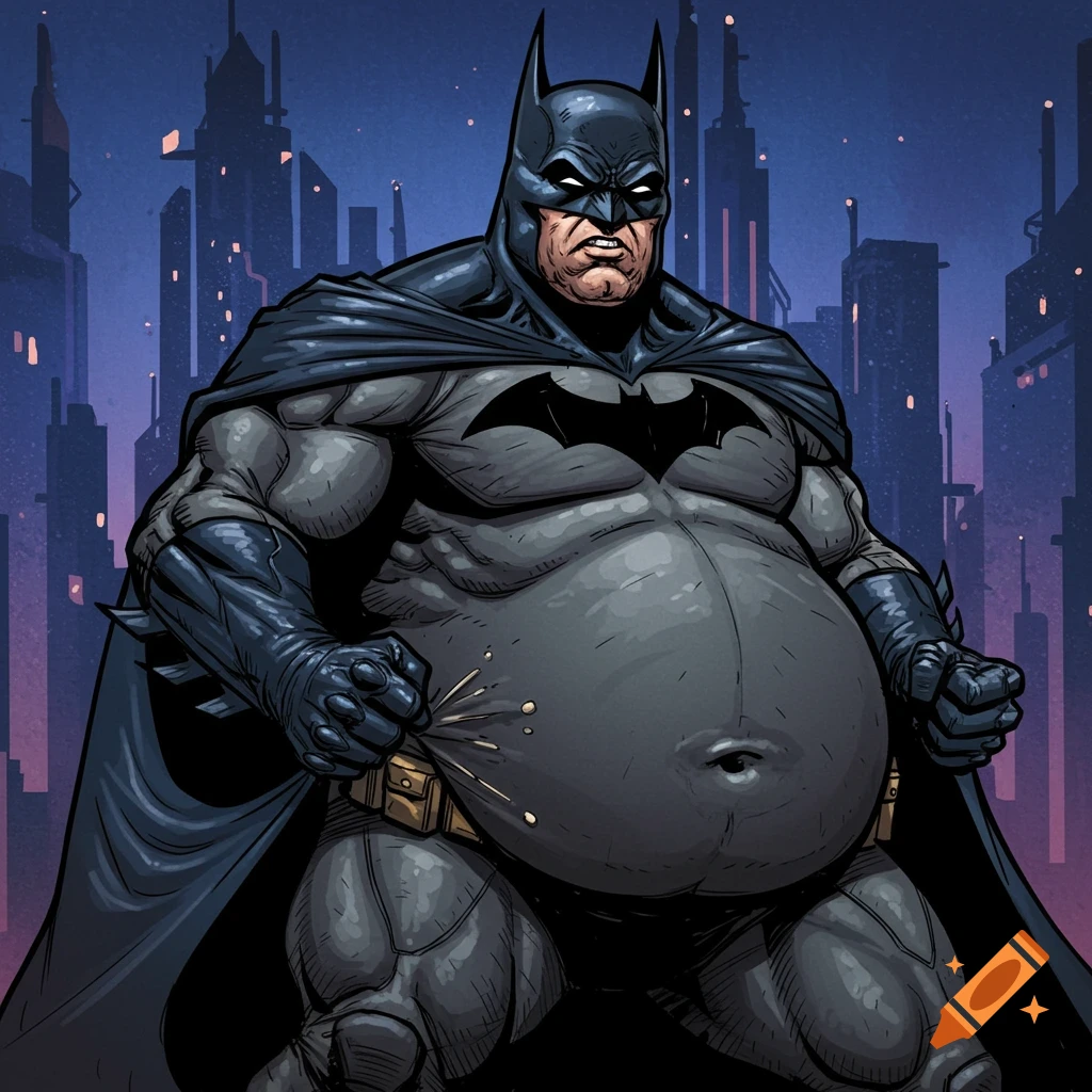 Comic book style illustration of a very fat Batman, pulling at his stretched suit, with a city skyline in the background.