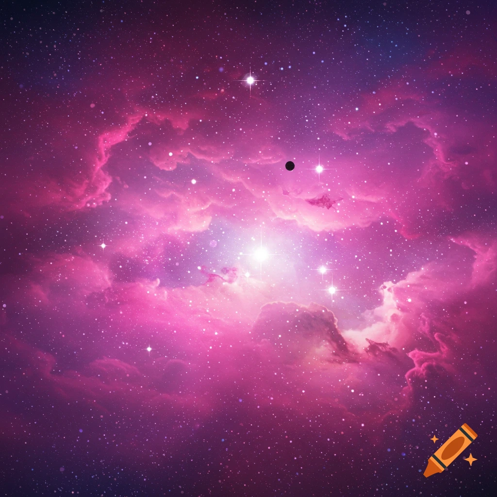 A vibrant pink and purple galaxy with luminous nebulae and sparkling stars.
