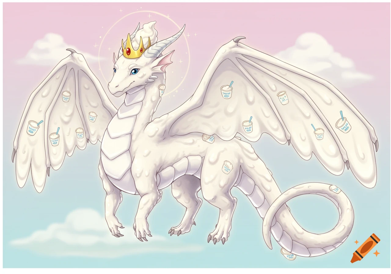 A majestic creamy white yogurt dragon with a golden crown, adorned with small yogurt pots on its wings and body, flying in a pastel pink and blue sky.