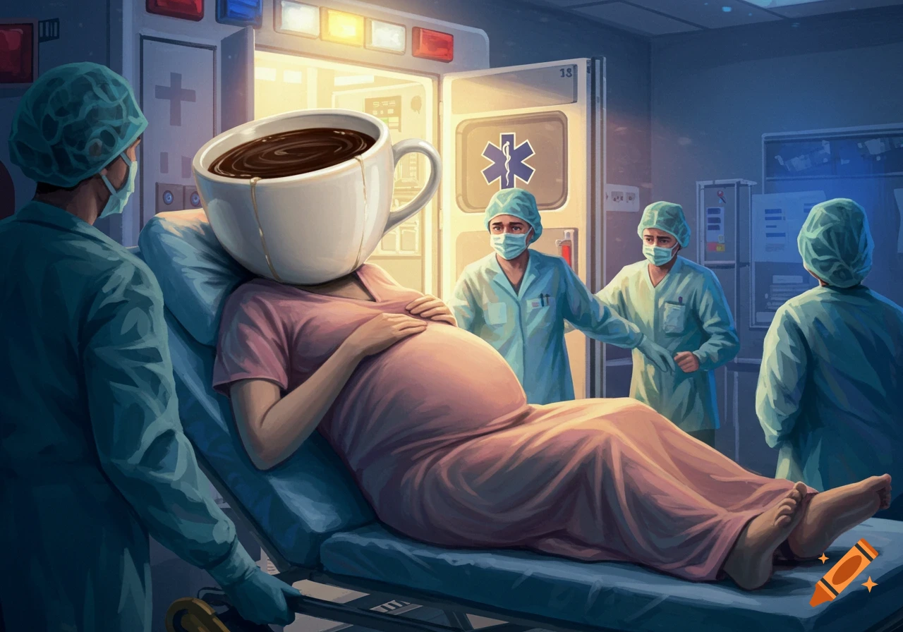 A pregnant woman with a coffee cup for a head lies on a hospital gurney, being wheeled into an ambulance by medical staff.