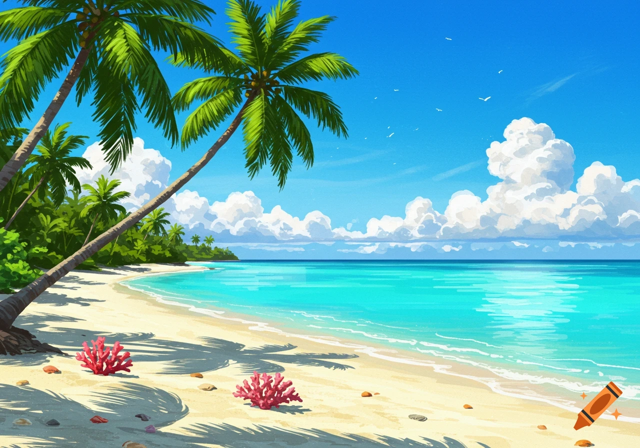 A vibrant illustration of a tropical beach with two large palm trees leaning over white sand, clear turquoise water, and a bright blue sky with fluffy white clouds.